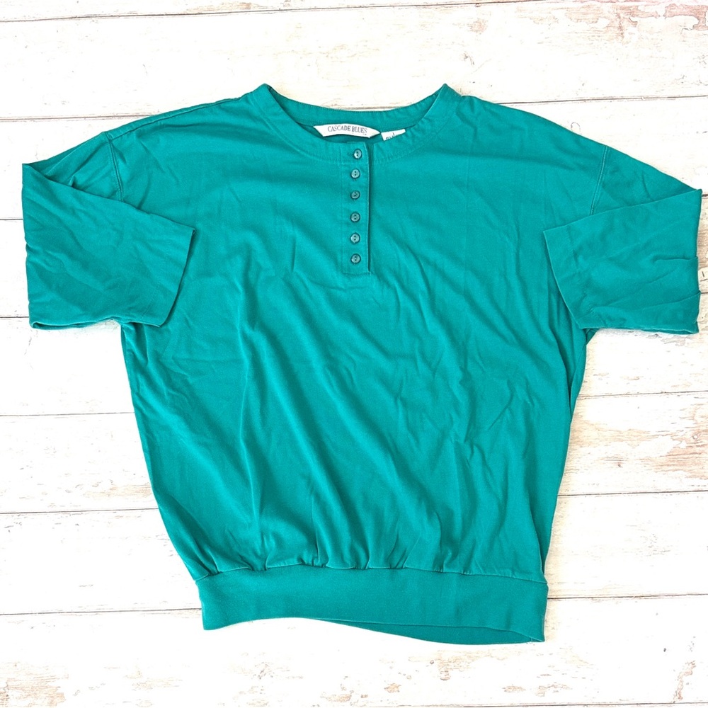 Cascade Blues L/G Women’s Teal Blue Henley Style Short Sleeve Shirt Size Large